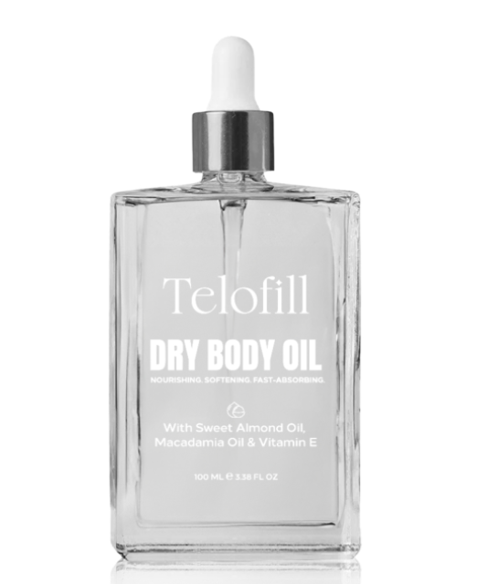 Telofill Dry Body Oil formulated to nourish and moisturize the skin with a lightweight, non-greasy finish.