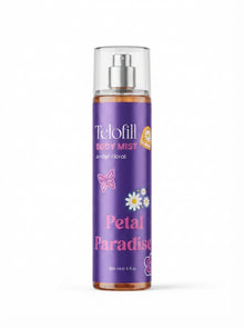 Telofill Petal Paradise Body Mist 235ml displayed clearly, highlighting the product packaging, name, size, and floral feminine fragrance.