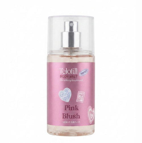 Telofill Pink Blush Body Mist Travel Size 100ml displayed clearly, highlighting the product packaging, name, size, and fruity feminine fragrance.