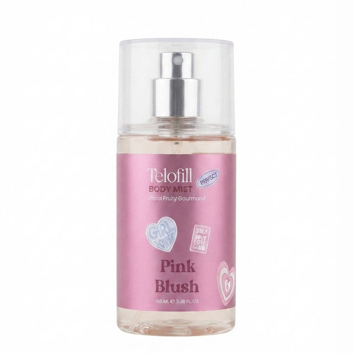 Telofill Pink Blush Body Mist Travel Size 100ml displayed clearly, highlighting the product packaging, name, size, and fruity feminine fragrance.