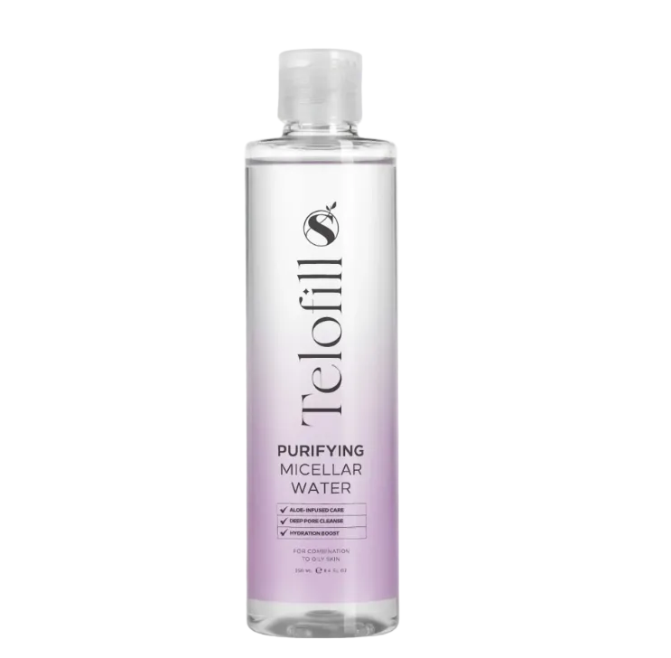 Telofill Purifying Micellar Water 250ml displayed clearly, highlighting the product packaging, name, size, and gentle cleansing formula.