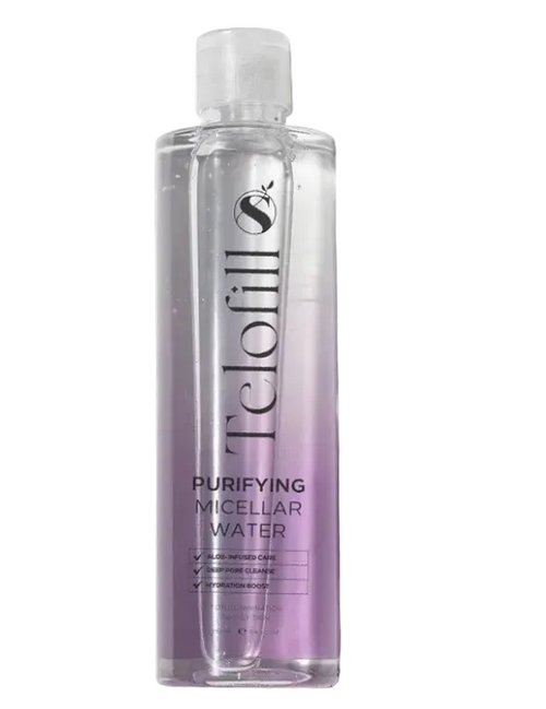 Telofill Purifying Micellar Water formulated to gently remove makeup, dirt, and impurities while cleansing the skin.