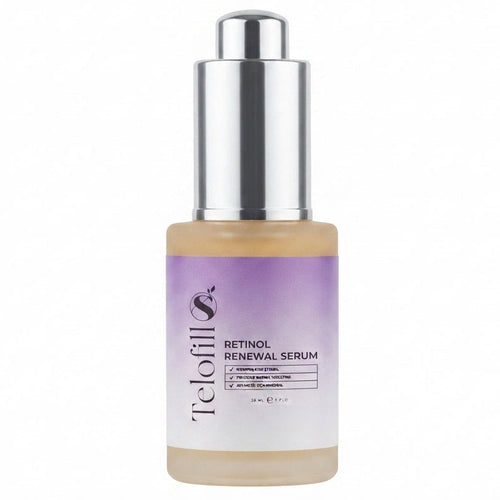 Telofill Retinol Renewal Serum 30ml displayed clearly, highlighting the product packaging, name, size, and anti-aging skincare formula.