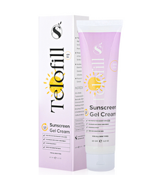 Telofill Sunscreen Gel Cream SPF 50+ 60g shown clearly, highlighting its lightweight gel-cream formula for daily facial sun protection.