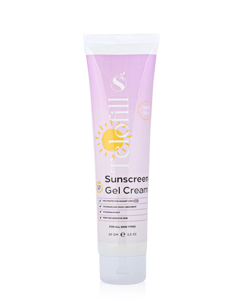 Telofill Sunscreen Gel Cream SPF 50+ 60g displayed clearly, highlighting the product packaging, name, size, and UVA and UVB protection.